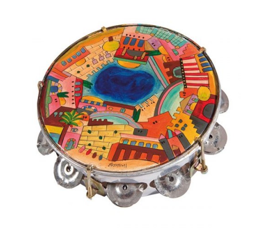 Yair Emanuel, Hand Painted Leather Tambourine Colorful Jerusalem Images