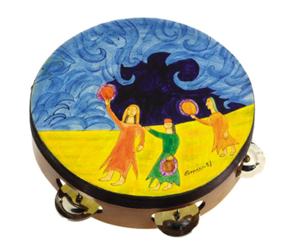 Yair Emanuel Hand Painted Leather Tambourine - Miriam at Red Sea