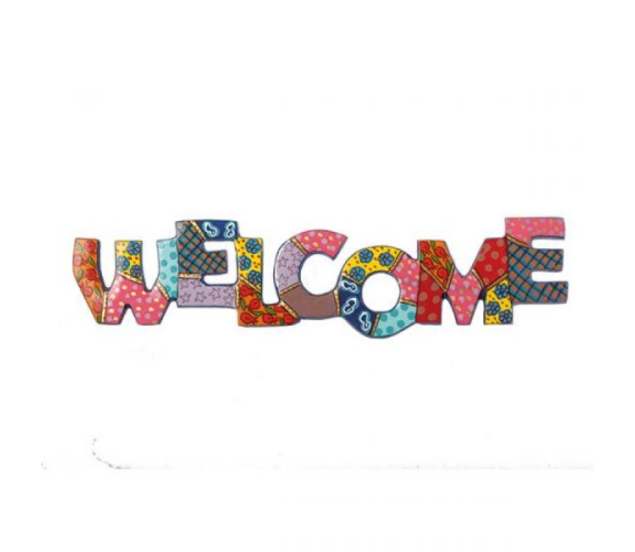 Yair Emanuel Hand Painted Metal Wall Hanging with Welcome in English – Colorful