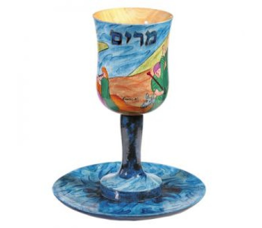 Yair Emanuel Hand Painted Prophetess Miriam Wood Stem Kiddush Cup with Plate