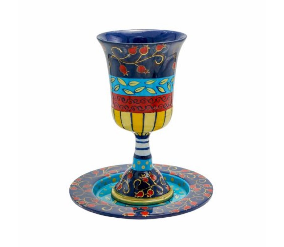 Yair Emanuel Hand Painted Stem Kiddush Cup, Swirling Pomegranates – Multicolor