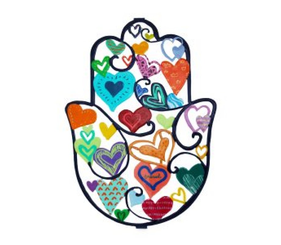 Yair Emanuel Hand Painted Wall Hamsa, Large - Colorful Hearts
