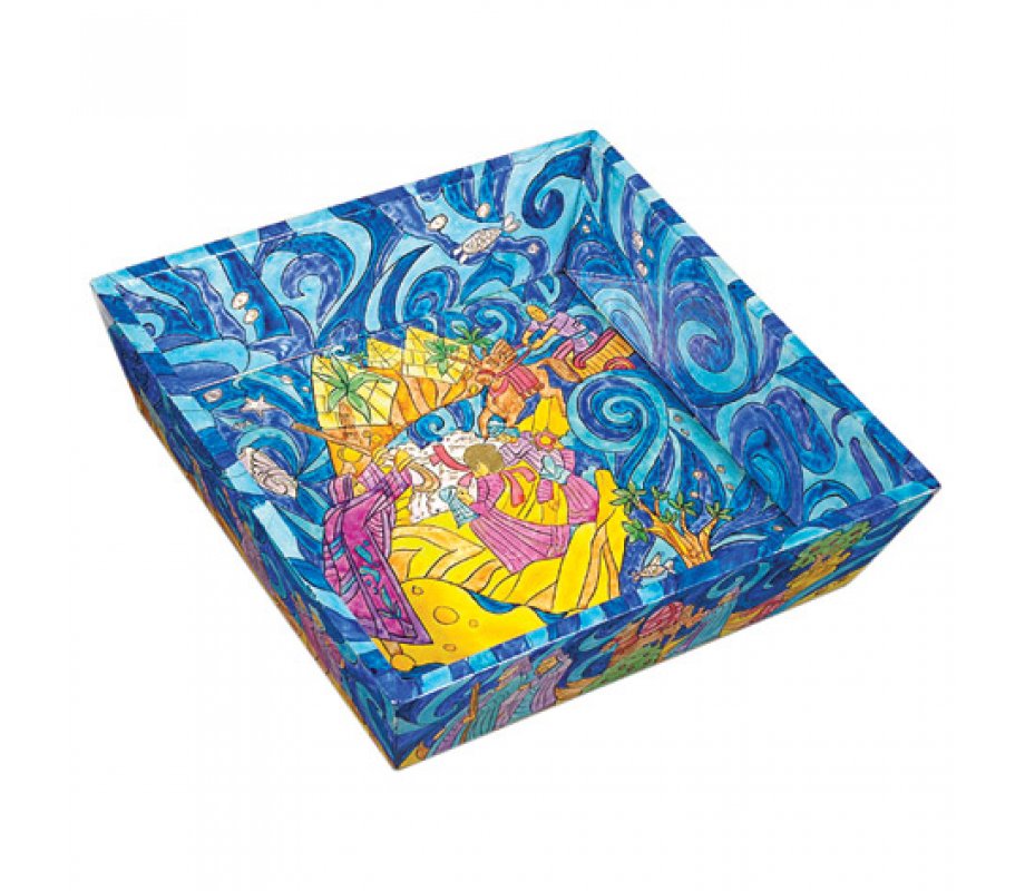 Yair Emanuel Hand Painted Wood Blue Matzah Tray - Exodus from Egypt