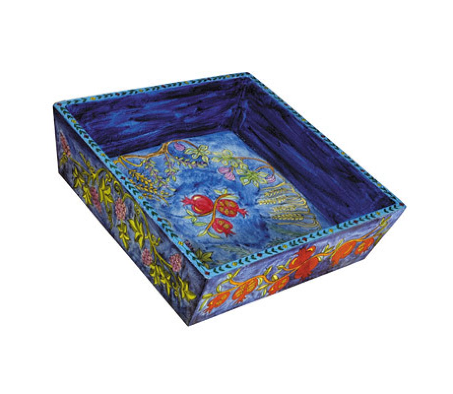Yair Emanuel Hand Painted Wood Blue Matzah Tray - Seven Species