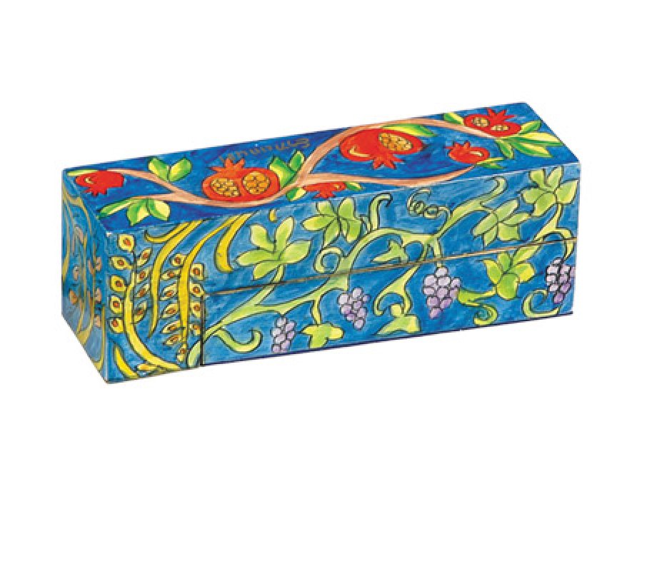 Yair Emanuel Hand Painted Wood Compact Hanukkah Menorah - Seven Species