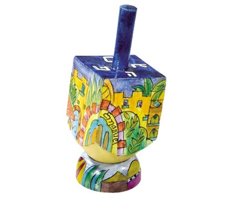Yair Emanuel Hand Painted Wood Dreidel on Stand Small - Jerusalem Gold Images