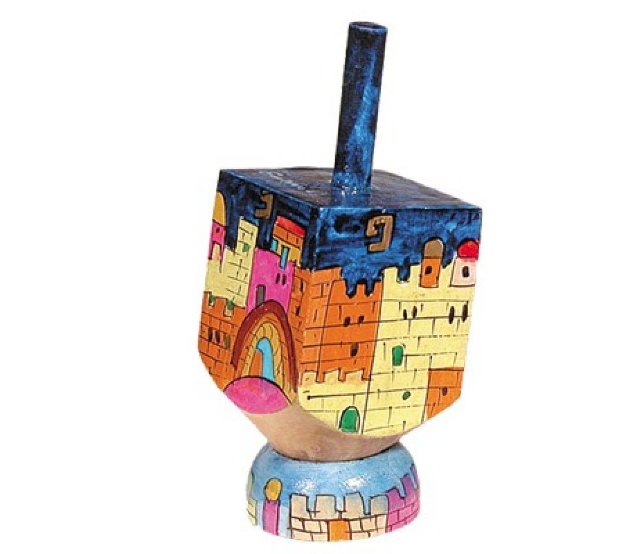 Yair Emanuel Hand Painted Wood Dreidel on Stand Small - Jerusalem Views
