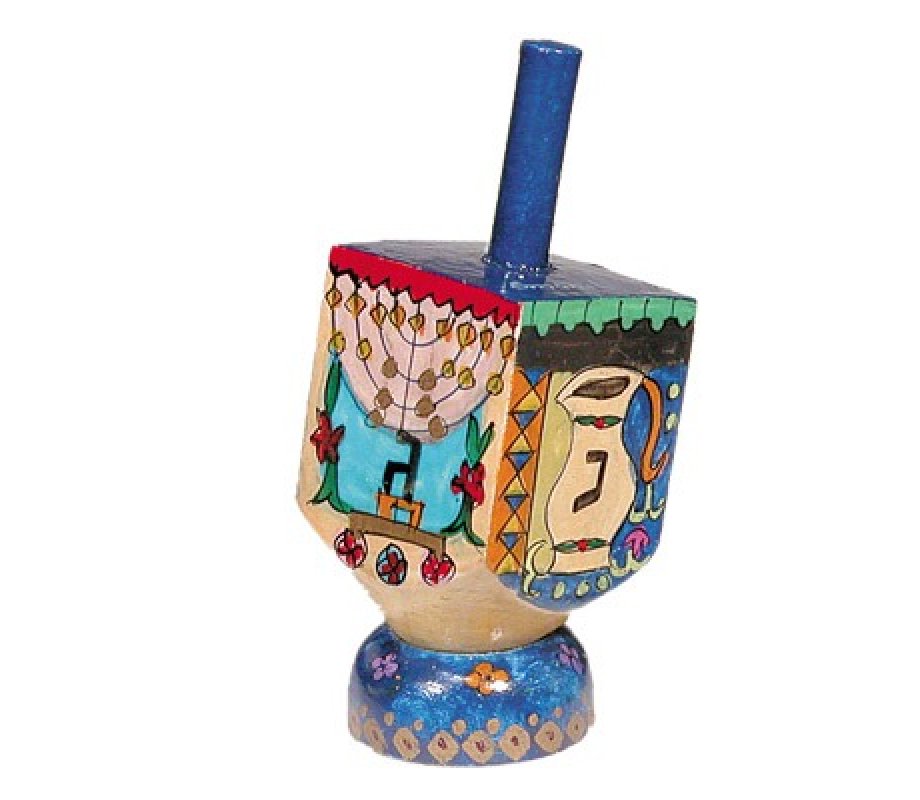 Yair Emanuel Hand Painted Wood Dreidel with Stand Small - Chanukah Images