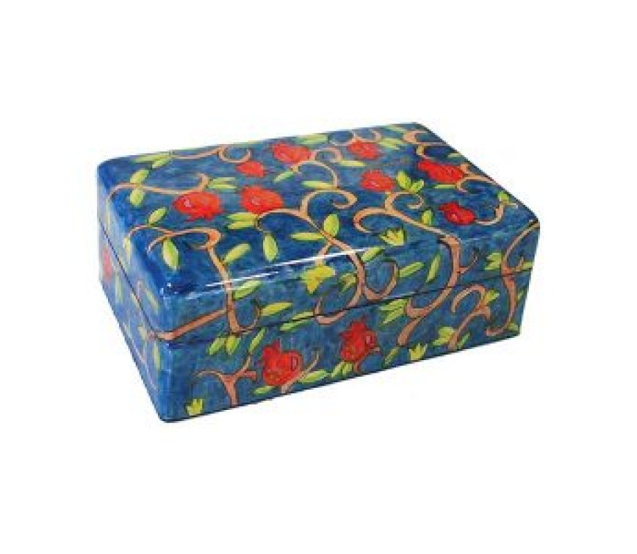 Yair Emanuel Hand Painted Wood Jewelry Box - Red Pomegranates on Blue