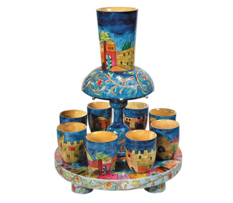 Yair Emanuel Hand Painted Wood Kiddush Fountain Set, 8 Cups - Jerusalem Design
