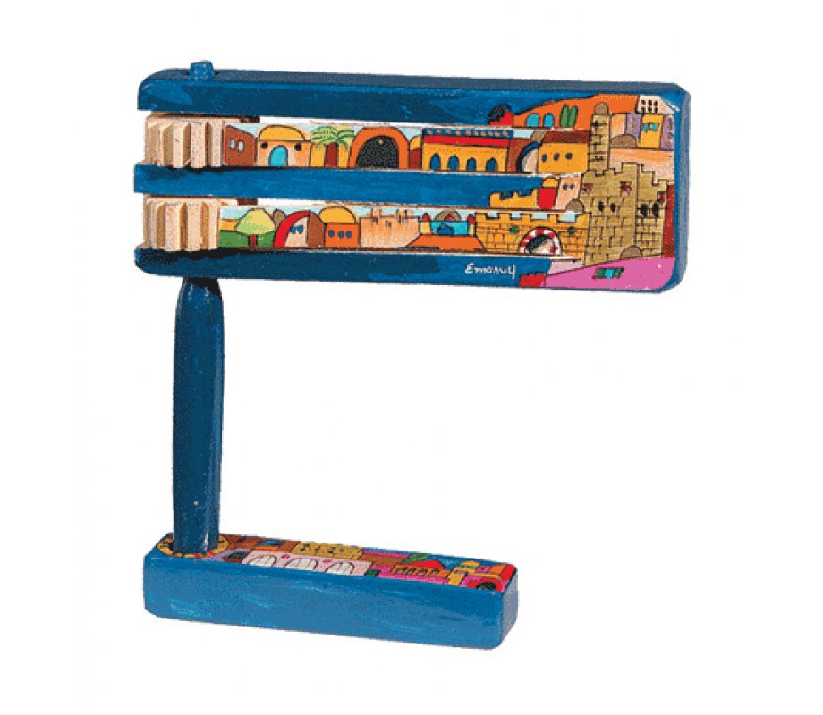 Yair Emanuel Hand Painted Wood Purim Grogger - Jerusalem Scenes