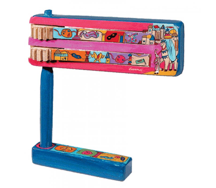 Yair Emanuel Hand Painted Wood Purim Grogger - Purim Motifs