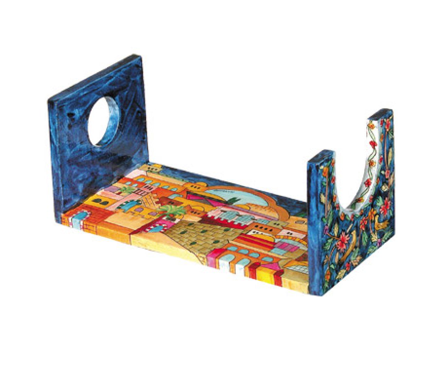 Yair Emanuel Hand Painted Wood Stand for Large Ram's Horn Shofar - Jerusalem Views
