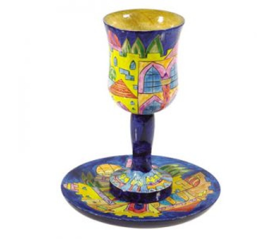 Yair Emanuel Hand Painted Wood Stem Kiddush Cup and Plate - Golden Jerusalem