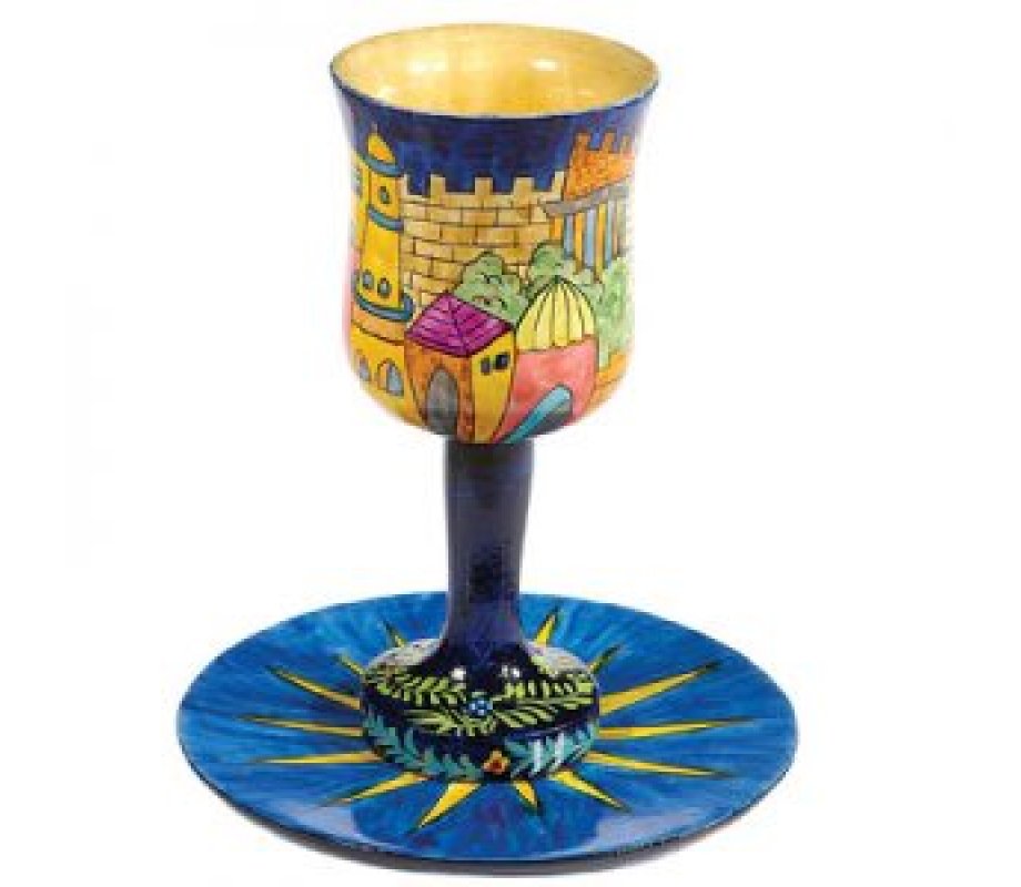 Yair Emanuel Hand Painted Wood Stem Kiddush Cup and Plate - Jerusalem Views