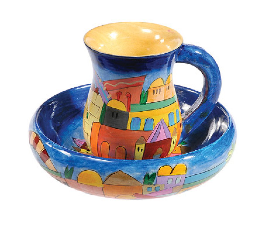 Yair Emanuel Hand Painted Wood Two-Piece Mayim Achronim Set - Jerusalem