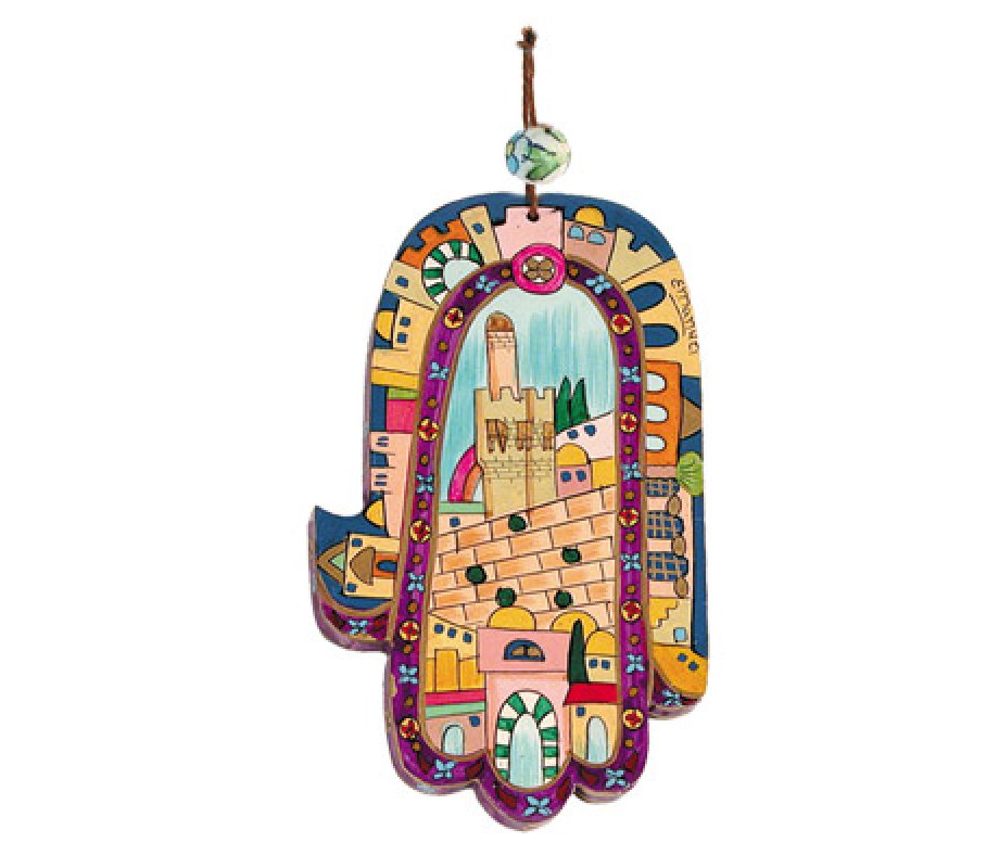 Yair Emanuel Hand Painted Wood Wall Hamsa - Colorful Jerusalem