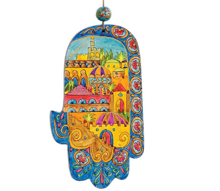 Yair Emanuel Hand Painted Wood Wall Hamsa - Oriental Jerusalem