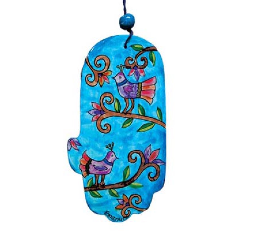 Yair Emanuel Hand Painted Wood Wall Hamsa, Blue - Birds
