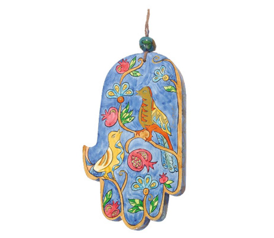 Yair Emanuel Hand Painted Wood Wall Hamsa, Blue - Birds and Pomegranates