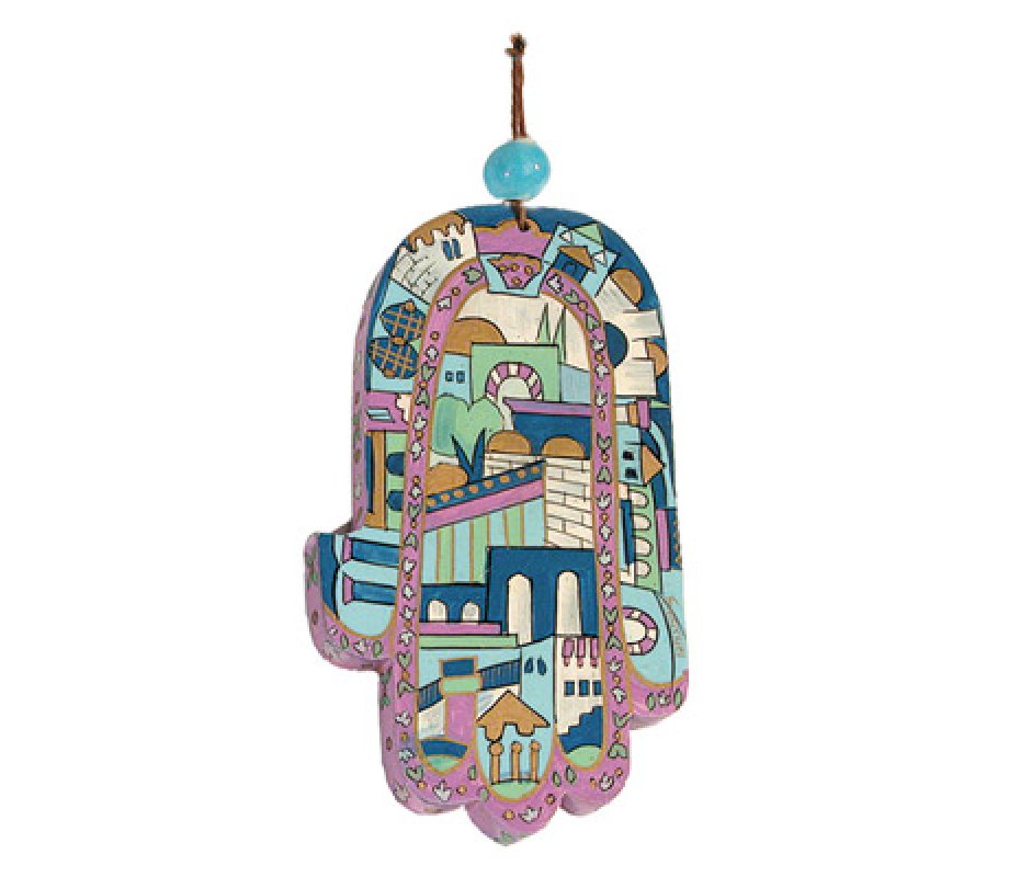 Yair Emanuel Hand Painted Wood Wall Hamsa, Blue - Jerusalem