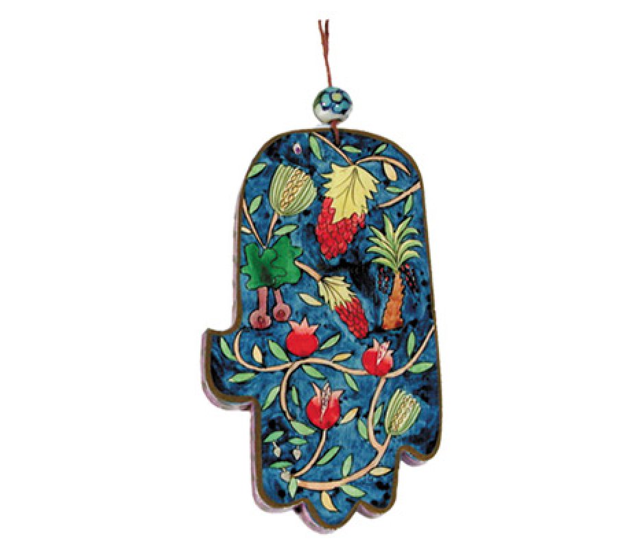 Yair Emanuel Hand Painted Wood Wall Hamsa, Colorful - Seven Species