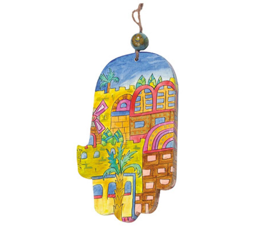 Yair Emanuel Hand Painted Wood Wall Hamsa, Gold - Jerusalem Images