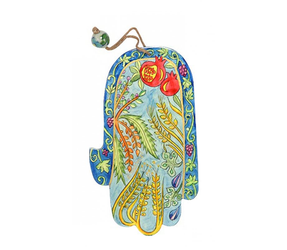 Yair Emanuel Hand Painted Wood Wall Hamsa, Green - Seven Species