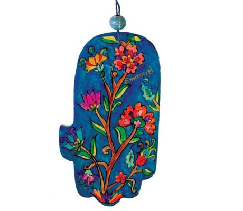 Yair Emanuel Hand Painted Wood Wall Hamsa, Red and Blue – Flowers