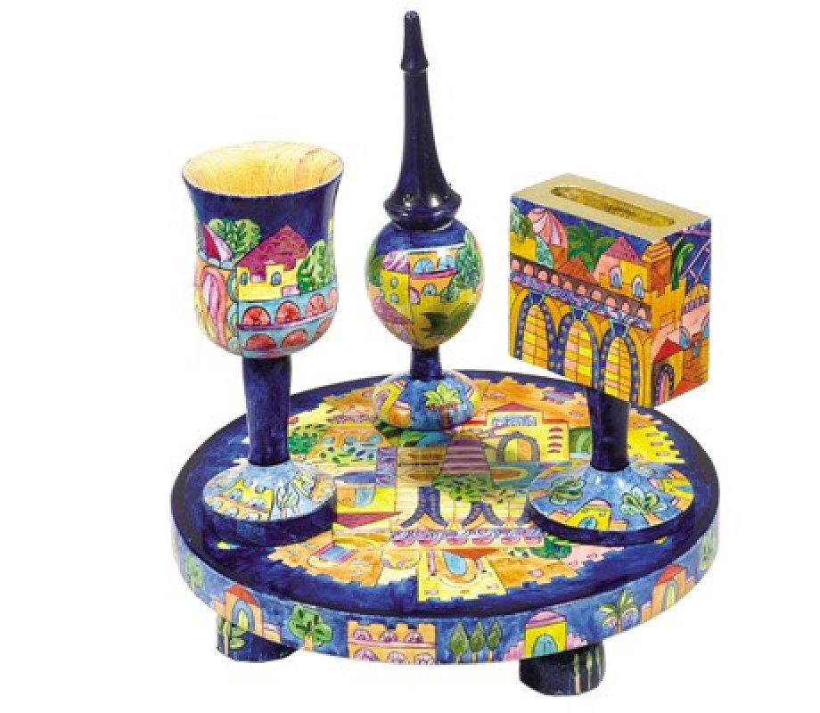 Yair Emanuel Hand-Painted 4-Piece Wood Havdalah Set - Golden Jerusalem