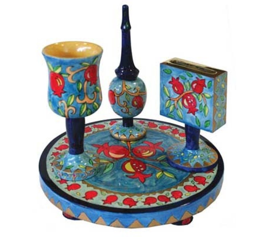 Yair Emanuel Hand-Painted 4-Piece Wood Havdalah Set, Blue - Pomegranates