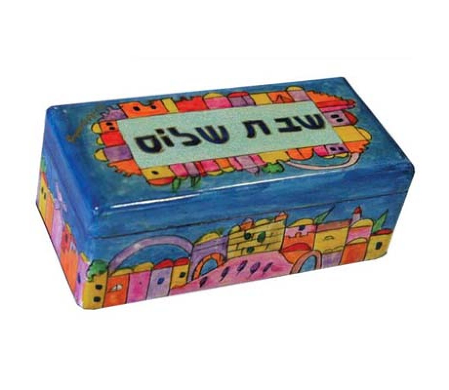 Yair Emanuel Hand-Painted Candlesticks in Wood Box - Jerusalem Shabbat Shalom