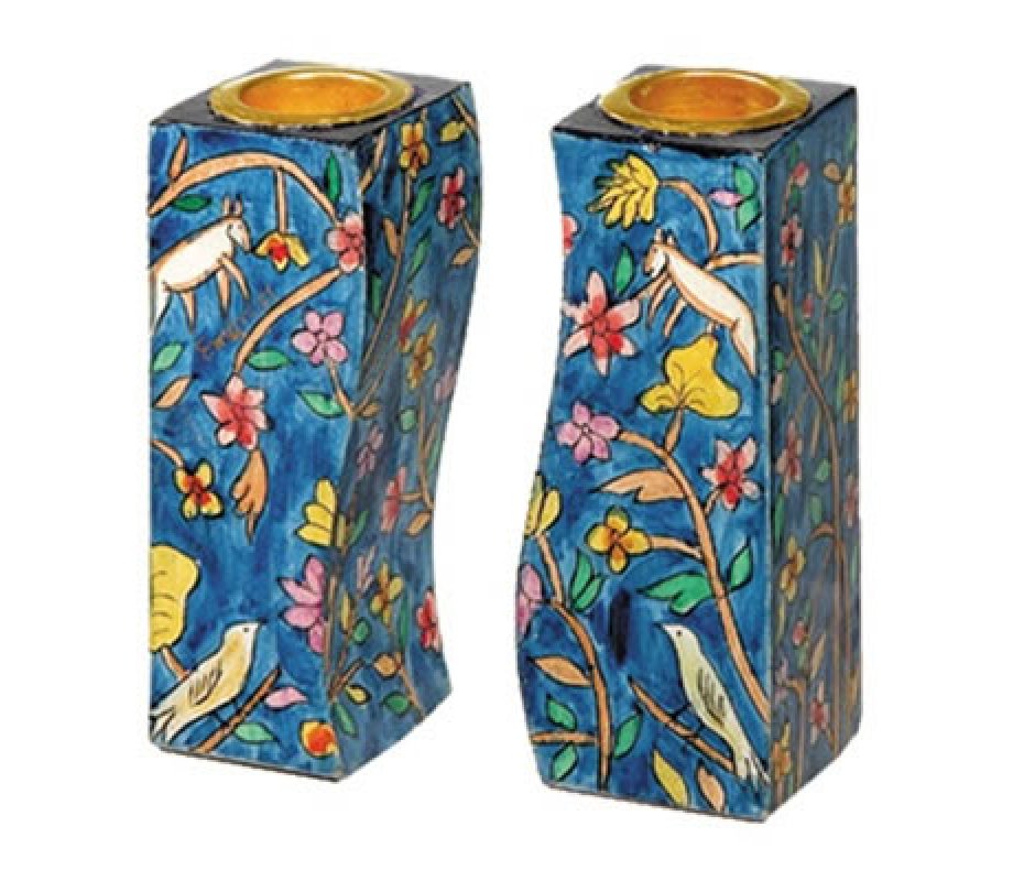 Yair Emanuel Hand-Painted Wood Fitted Candlesticks - Forest Scene