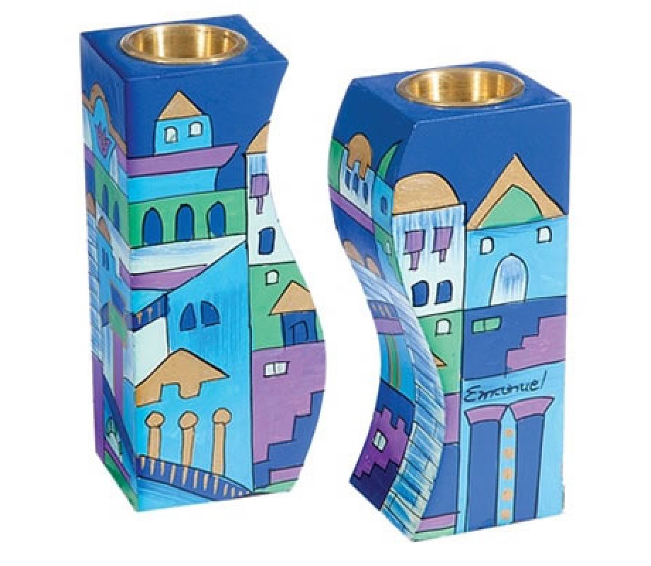 Yair Emanuel Hand-Painted Wood Fitted Candlesticks, Blue - Jerusalem Views