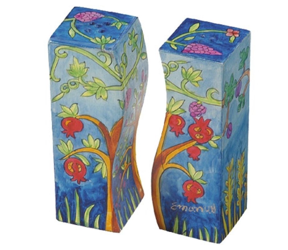 Yair Emanuel Hand-Painted Wood Fitted Salt & Pepper Shaker - Pomegranates