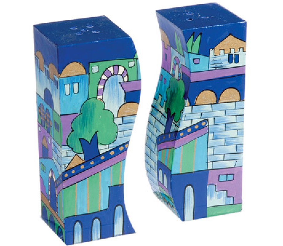 Yair Emanuel Hand-Painted Wood Fitted Salt & Pepper Shaker- Jerusalem in Blue