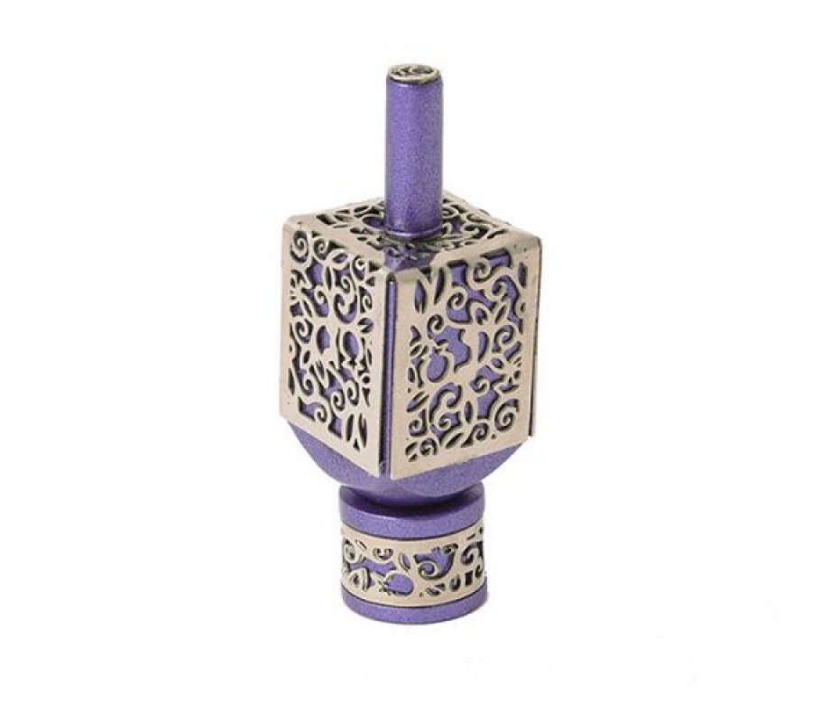 Yair Emanuel Hanukkah Dreidel and Stand, Cutout Pomegranates - Silver on Purple