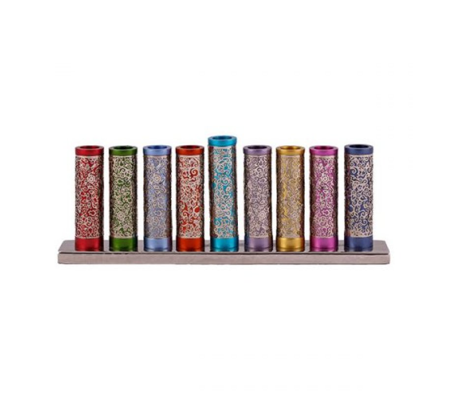 Yair Emanuel Hanukkah Menorah, Cylinders with Pomegranate Cutouts – Multicolored