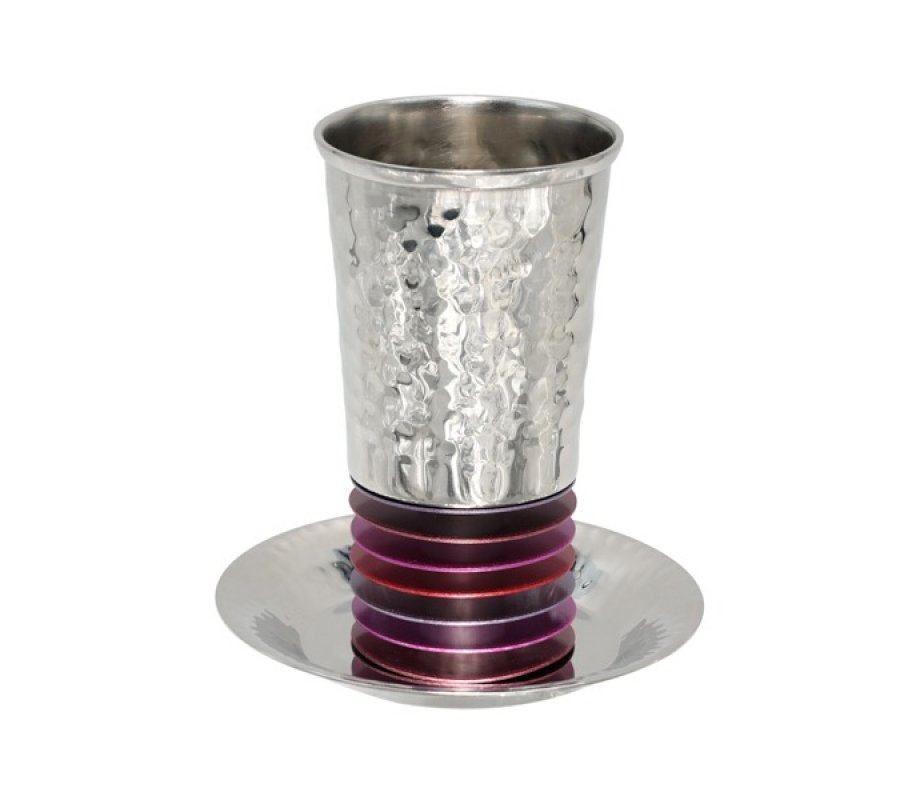 Yair Emanuel Kiddush Cup Set, Hammered with Stacked Discs – Maroon