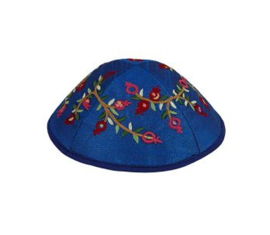 Yair Emanuel Kippah – Embroidered Red Pomegranates on Royal Blue