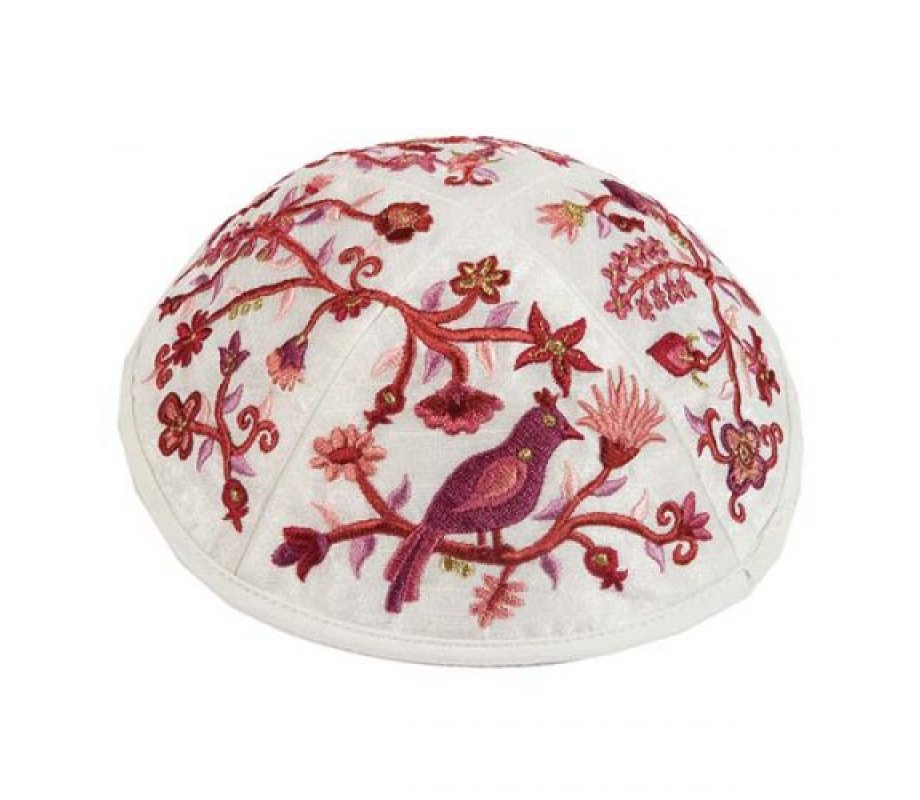 Yair Emanuel Kippah, Embroidered Birds and Flowers - Burgundy and Pink