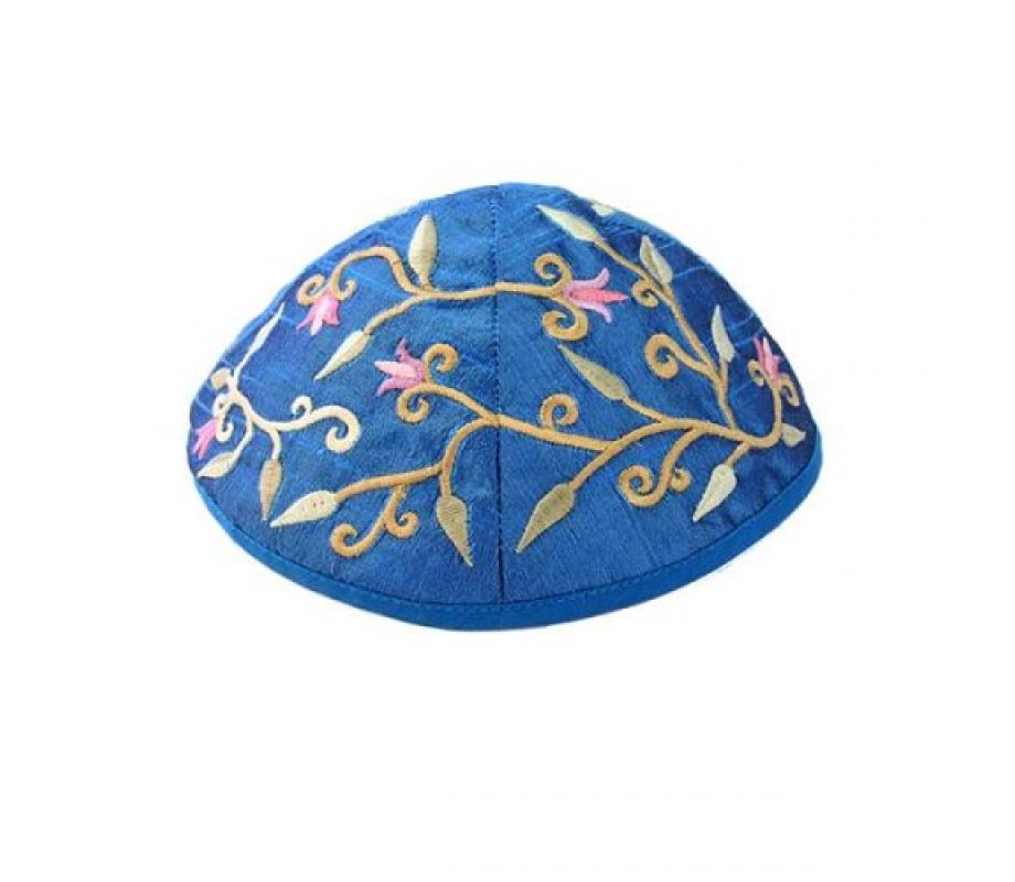 Yair Emanuel Kippah, Embroidered Flowers and Leaves - Blue