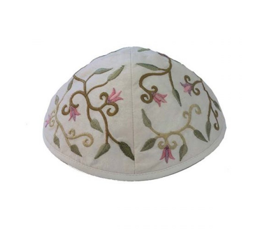 Yair Emanuel Kippah, Embroidered Flowers and Leaves - White
