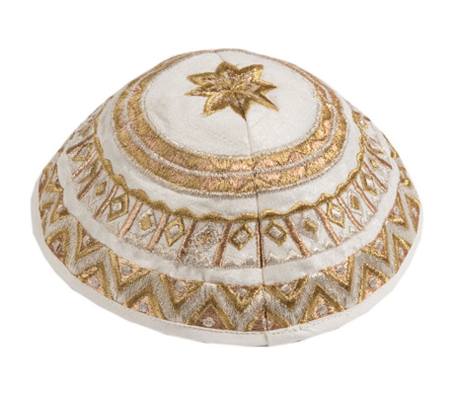 Yair Emanuel Kippah, Embroidered Geometric Designs - Gold and Silver