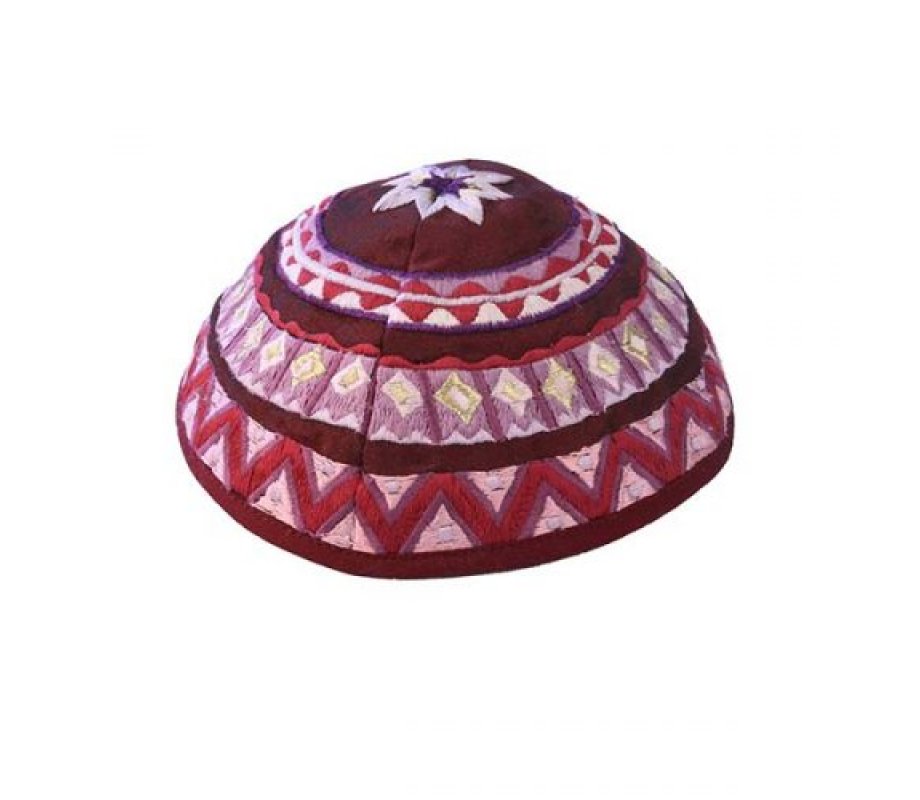 Yair Emanuel Kippah, Embroidered Geometric Designs - Maroon