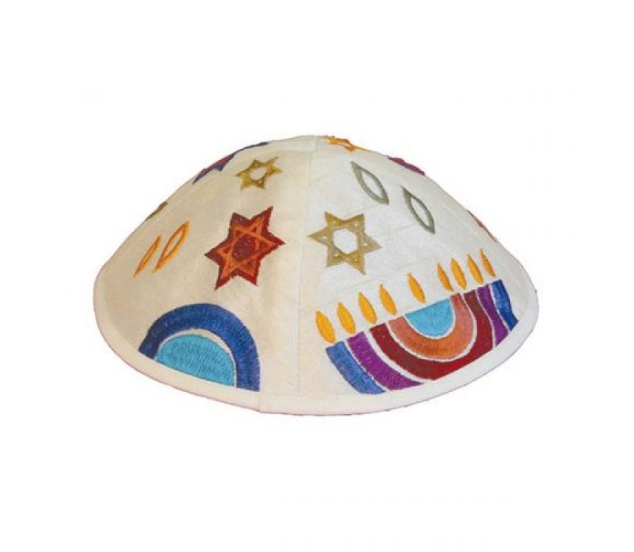 Yair Emanuel Kippah, Embroidered Hanukkiah Star of David and Flame - Colorful