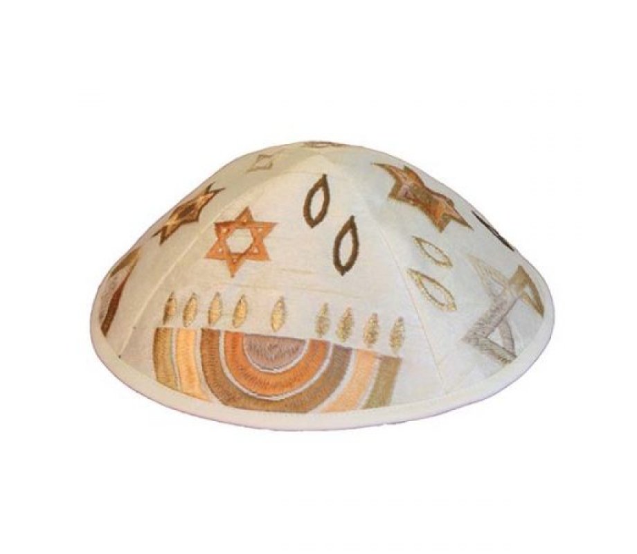 Yair Emanuel Kippah, Embroidered Hanukkiah, Star of David and Flame - Gold