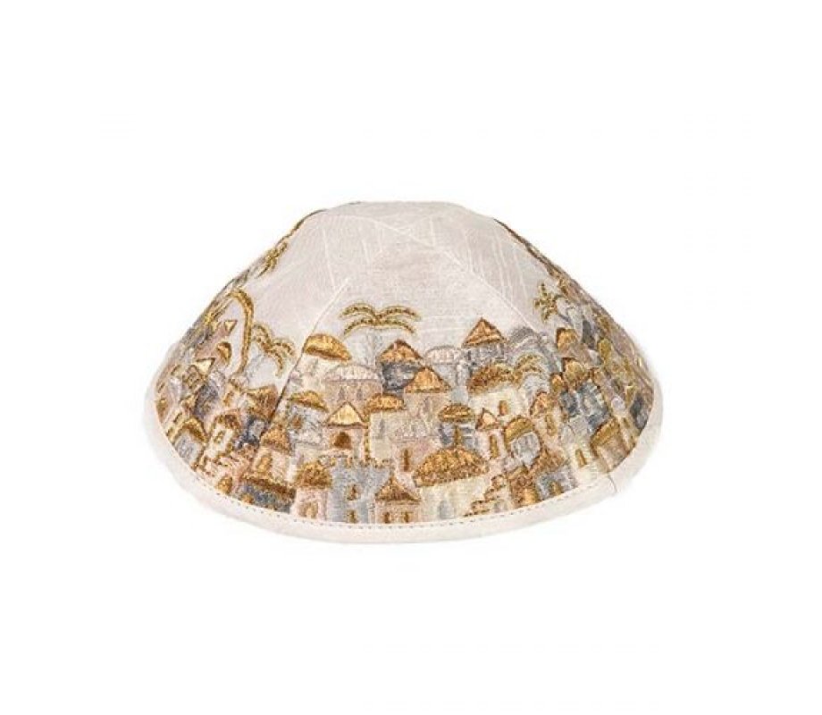 Yair Emanuel Kippah, Embroidered Jerusalem Vistas - Gold and Silver