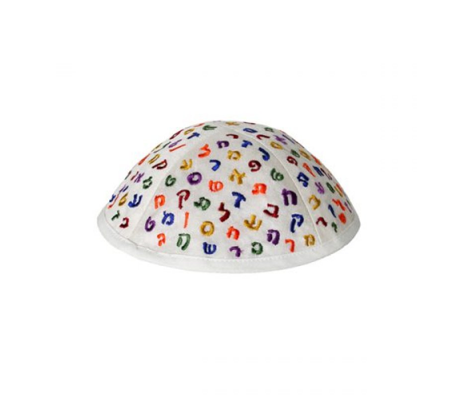 Yair Emanuel Kippah for Children – Colorful Embroidered Alef Bet on White