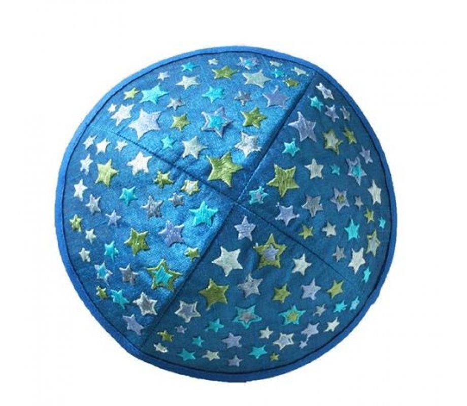 Yair Emanuel Kippah for Children  Embroidered Colored Stars on Blue